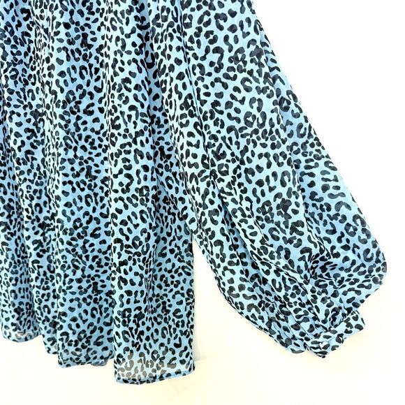 ASOS Blue Black Cheetah Print Semi Sheer Oversized Puff Sleeve Flowy Poet Blouse - Picture 12 of 16
